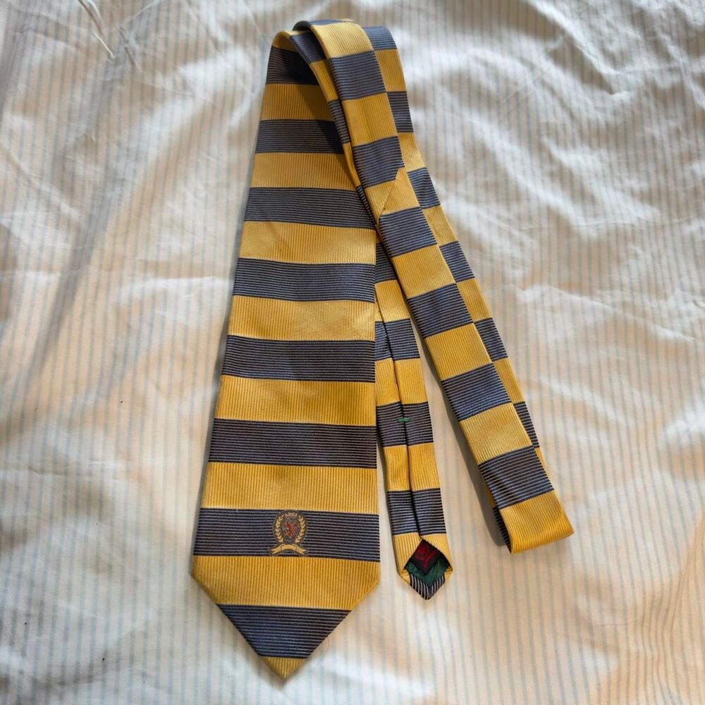 Tommy Hilfiger Men's Yellow and Blue Striped 100% Italian Silk Necktie